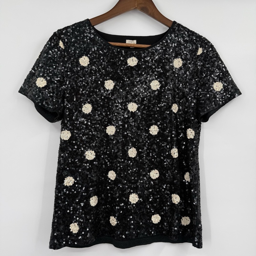 J.CREW Shirt Top Womens Medium Black Sequin Polka Dot Crew Neck Party New Years